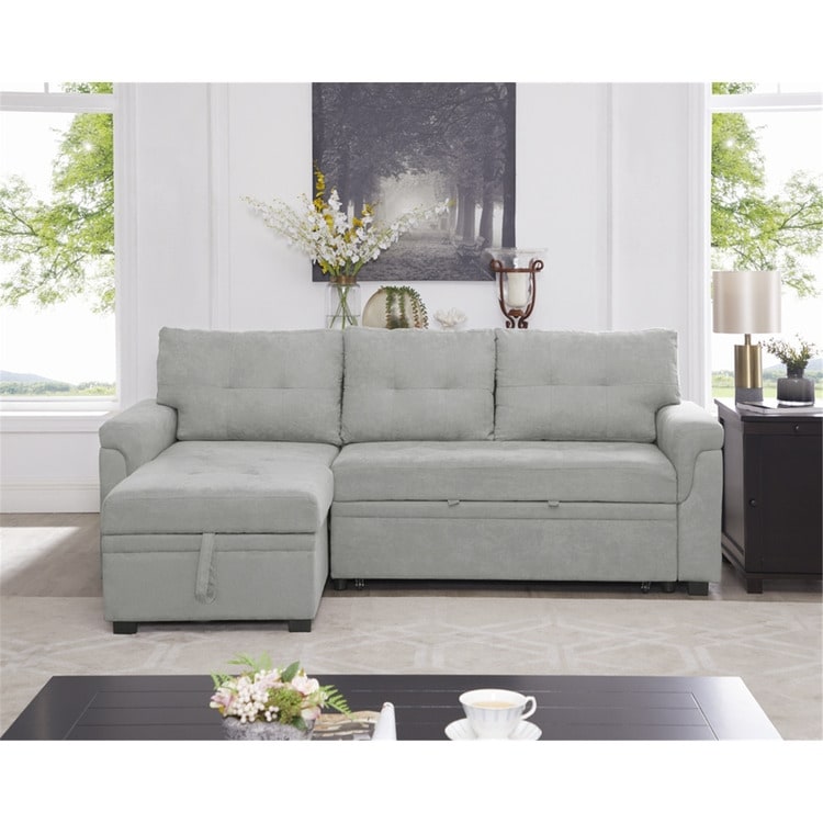 Canapé d'angle convertible et réversible avec lit escamotable, chaise longue avec rangement intégré et pieds robustes.