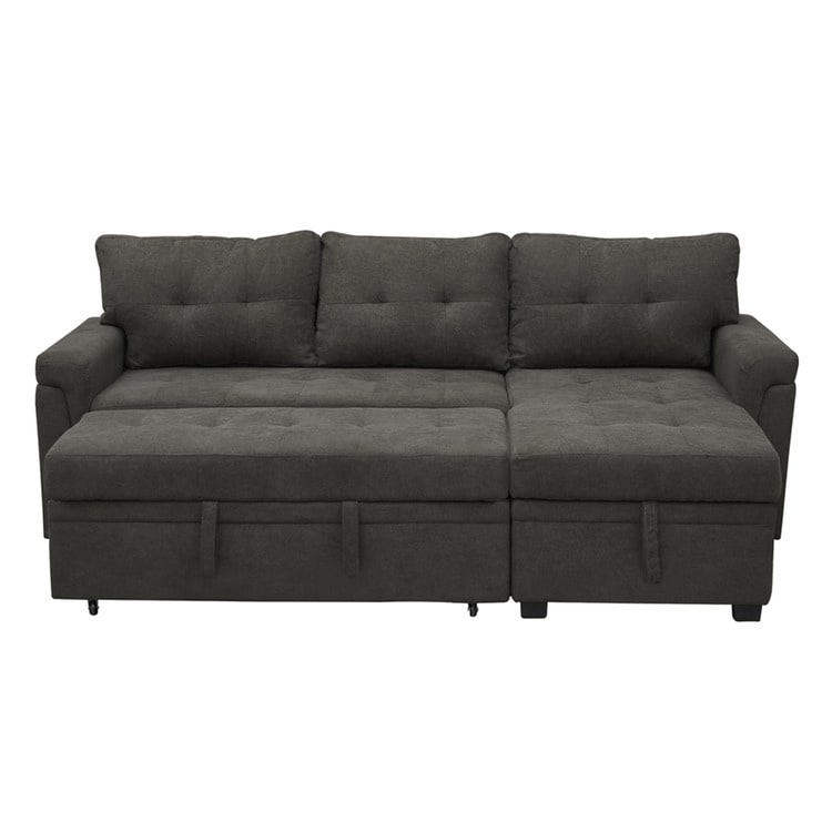 Canapé d'angle convertible et réversible avec lit escamotable, chaise longue avec rangement intégré et pieds robustes.