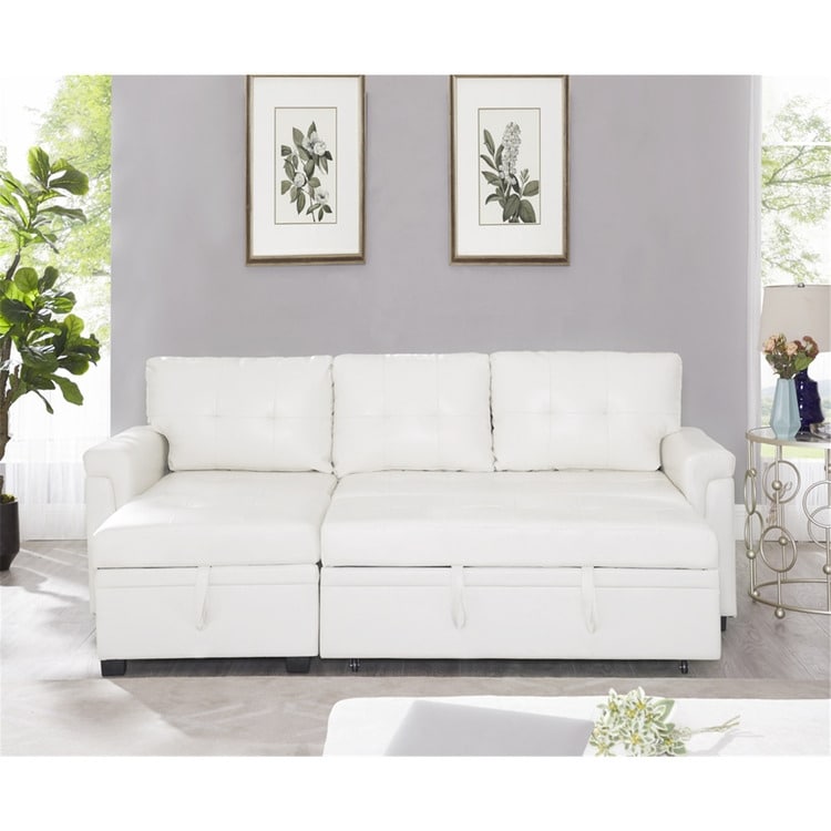 Canapé d'angle convertible et réversible avec lit escamotable, chaise longue avec rangement intégré et pieds robustes.