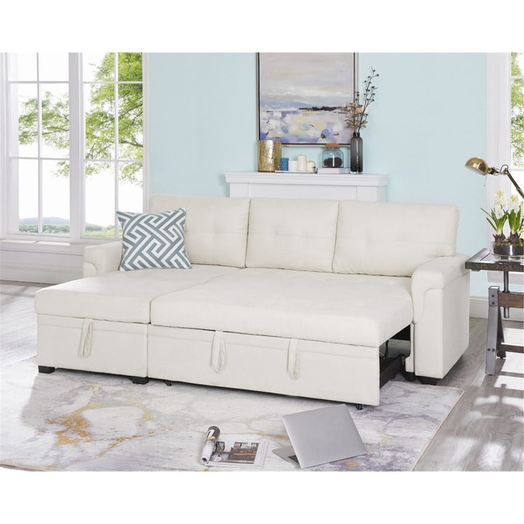 Canapé d'angle convertible et réversible avec lit escamotable, chaise longue avec rangement intégré et pieds robustes.