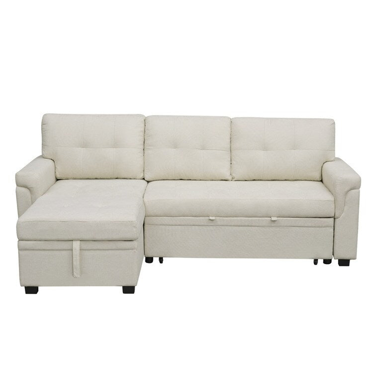 Canapé d'angle convertible et réversible avec lit escamotable, chaise longue avec rangement intégré et pieds robustes.