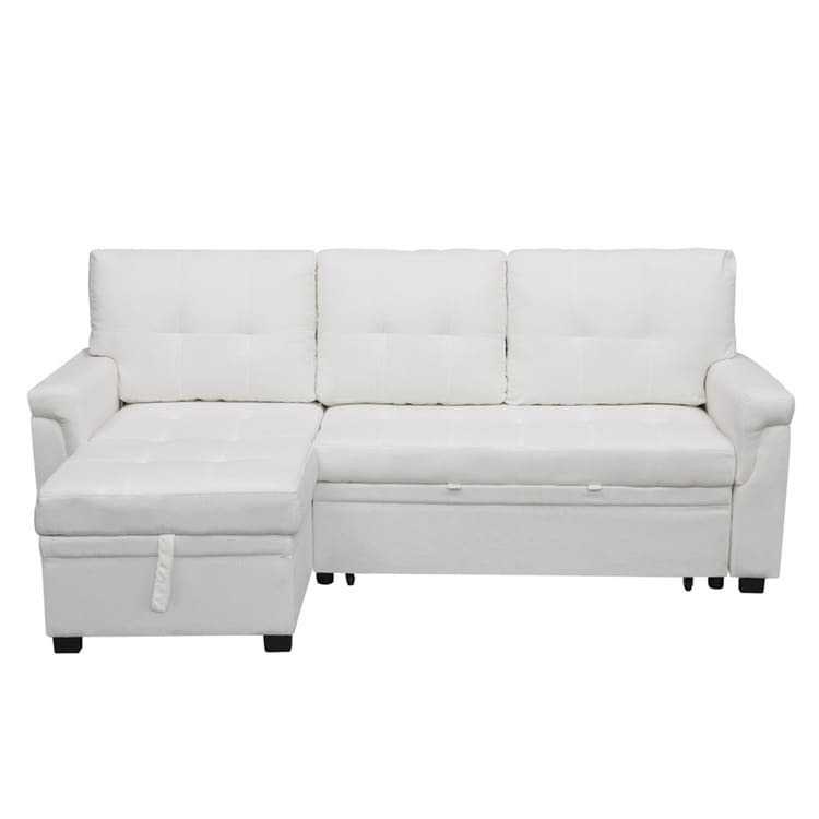 Canapé d'angle convertible et réversible avec lit escamotable, chaise longue avec rangement intégré et pieds robustes.