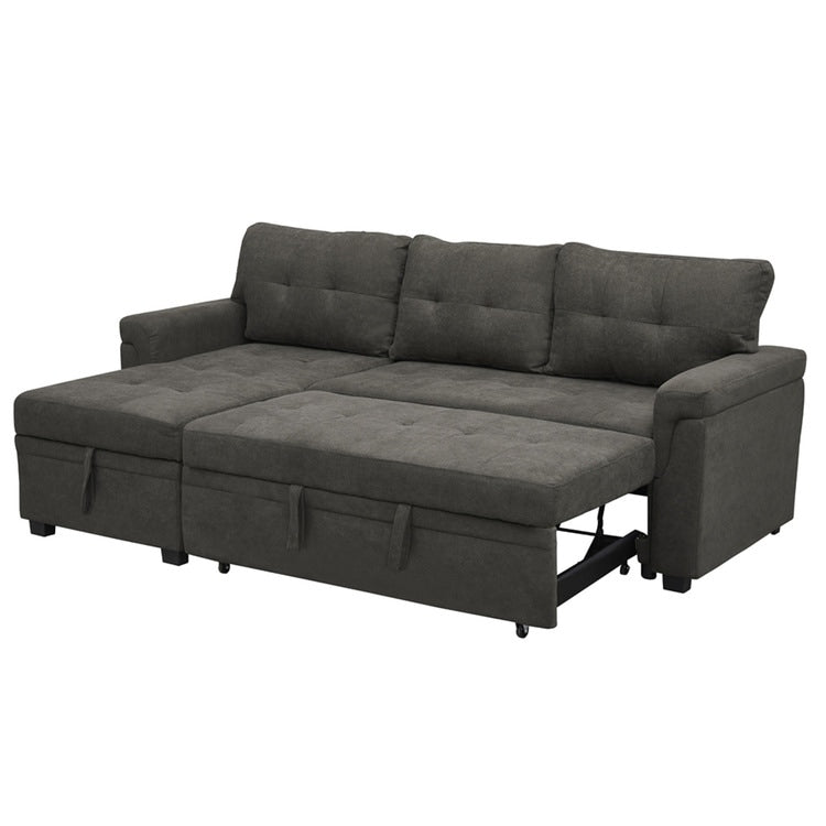 Canapé d'angle convertible et réversible avec lit escamotable, chaise longue avec rangement intégré et pieds robustes.