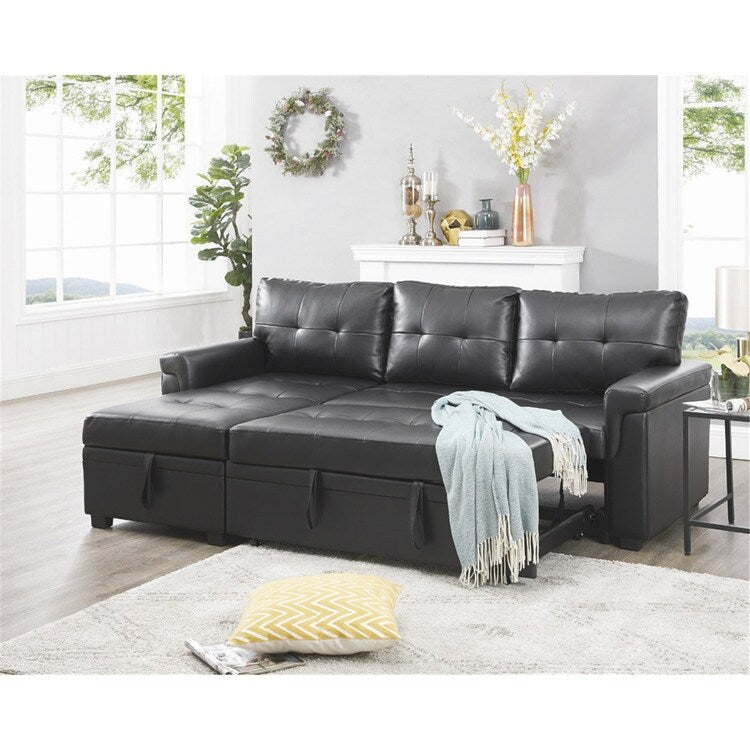 Canapé d'angle convertible et réversible avec lit escamotable, chaise longue avec rangement intégré et pieds robustes.