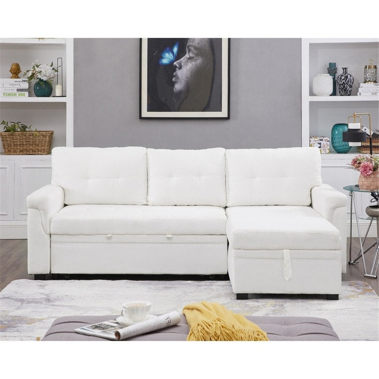 Canapé d'angle convertible et réversible avec lit escamotable, chaise longue avec rangement intégré et pieds robustes.