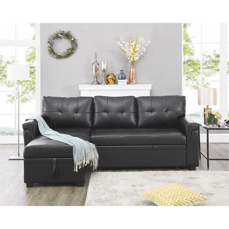 Canapé d'angle convertible et réversible avec lit escamotable, chaise longue avec rangement intégré et pieds robustes.