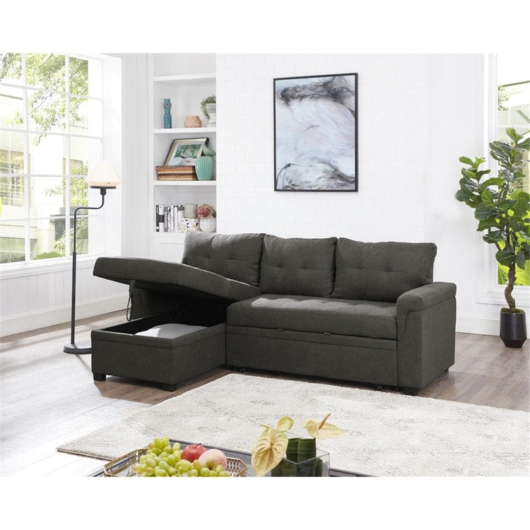Canapé d'angle convertible et réversible avec lit escamotable, chaise longue avec rangement intégré et pieds robustes.