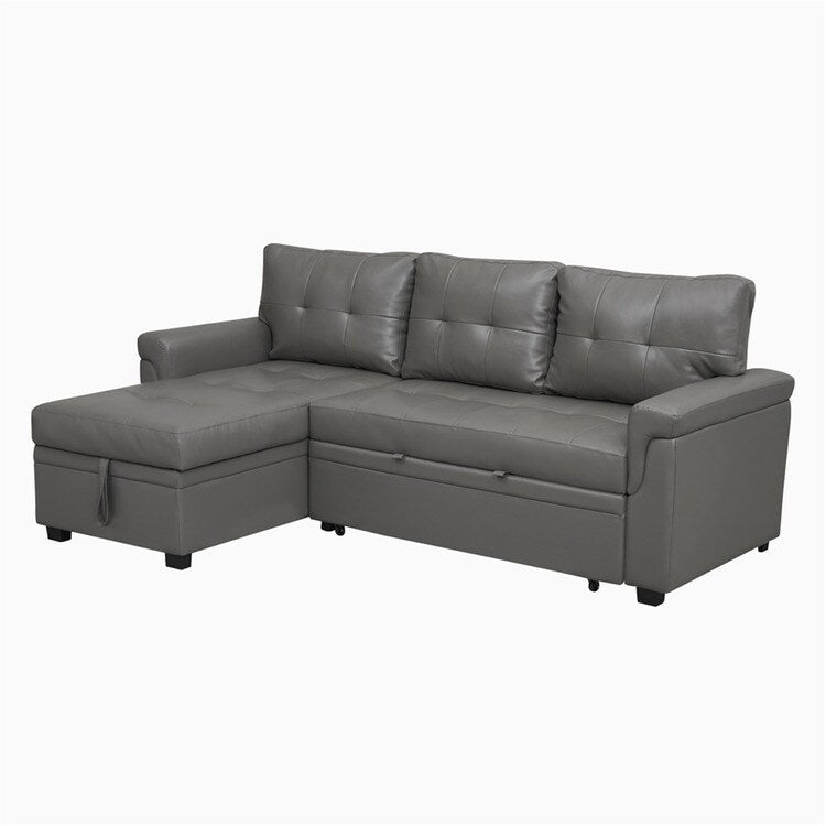 Canapé d'angle convertible et réversible avec lit escamotable, chaise longue avec rangement intégré et pieds robustes.