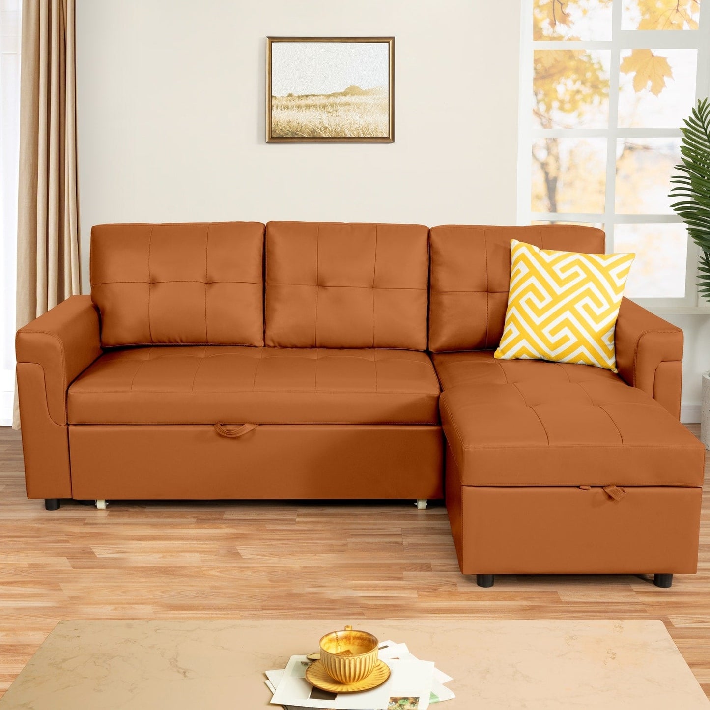 Canapé d'angle convertible et réversible avec lit escamotable, chaise longue avec rangement intégré et pieds robustes.