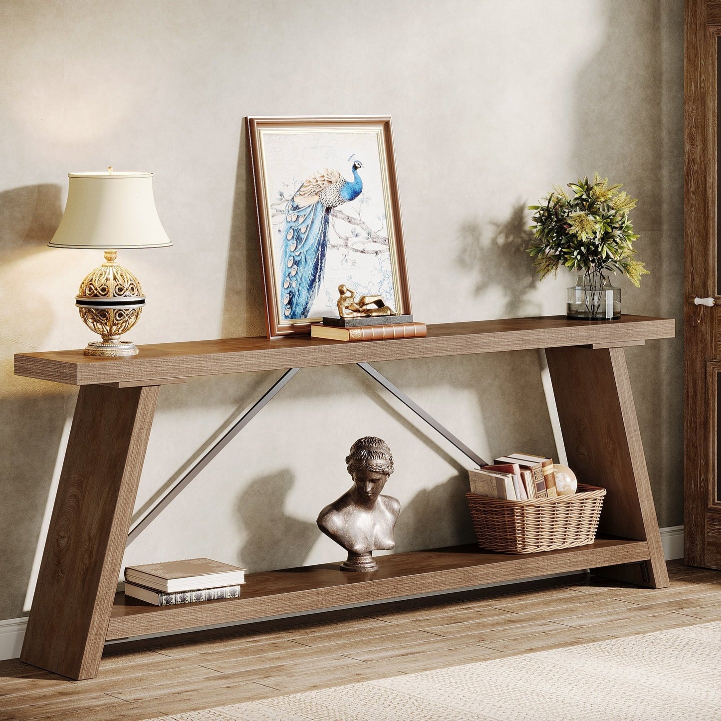 Table console de canapé en bois rustique de 180 cm de long avec étagère de rangement
