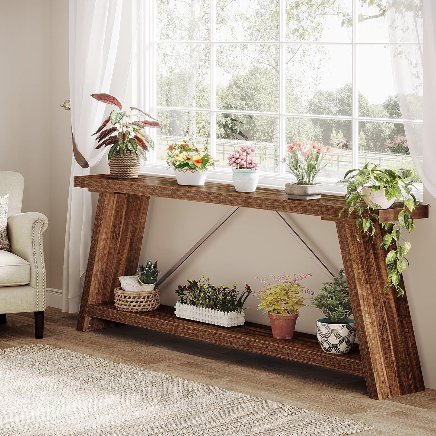 Table console de canapé en bois rustique de 180 cm de long avec étagère de rangement