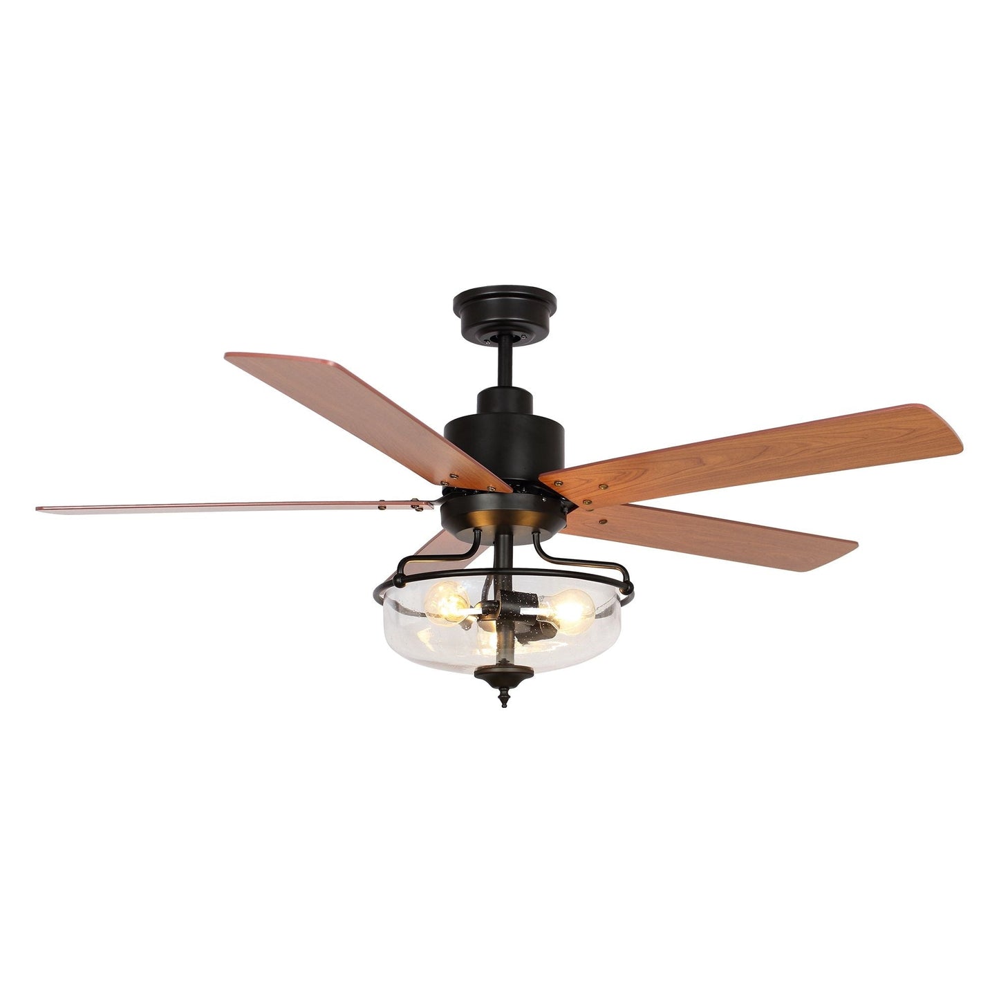 Ventilateur de plafond à 52 pouces avec 5 pales en bois réversibles, 3 lumières et télécommande.