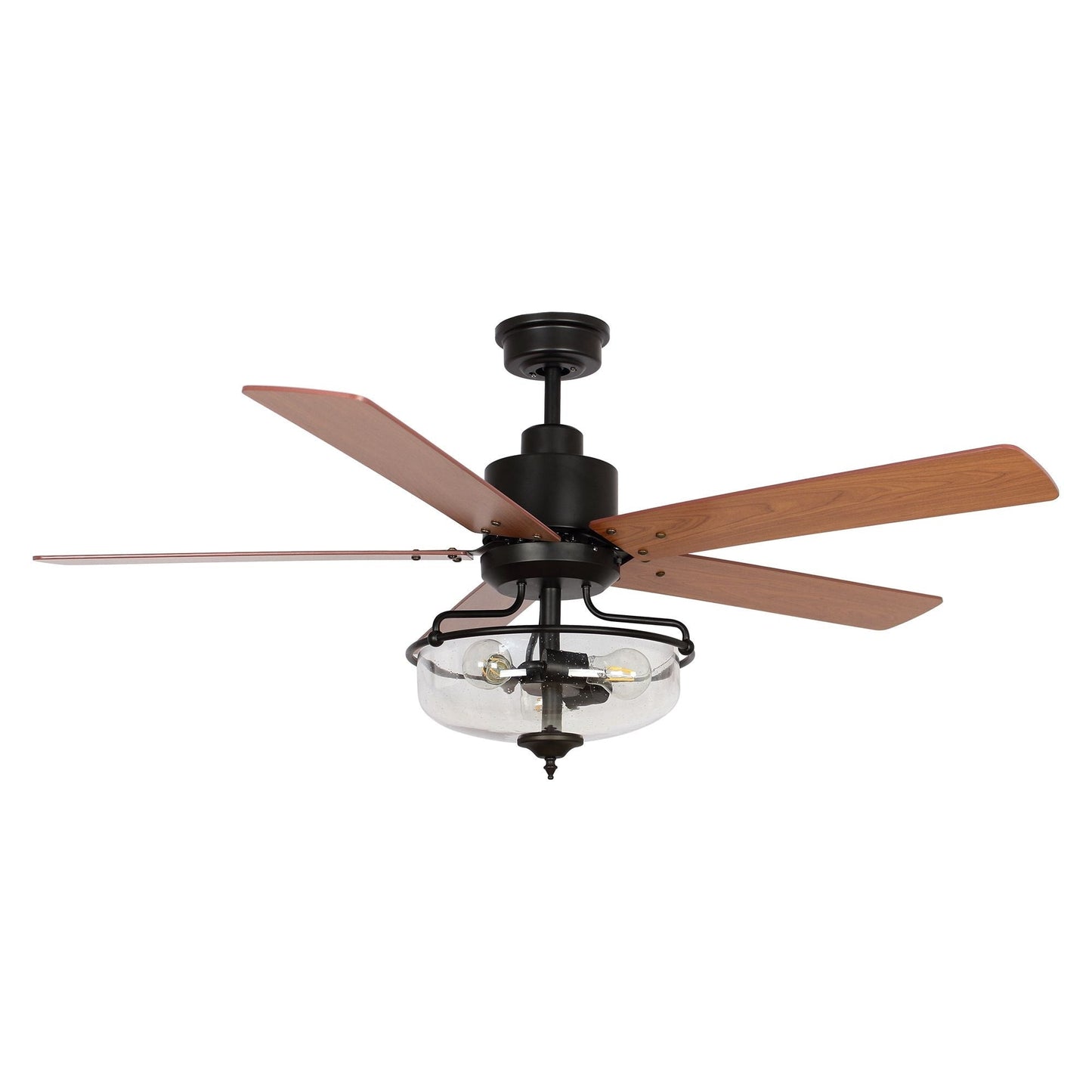 Ventilateur de plafond à 52 pouces avec 5 pales en bois réversibles, 3 lumières et télécommande.
