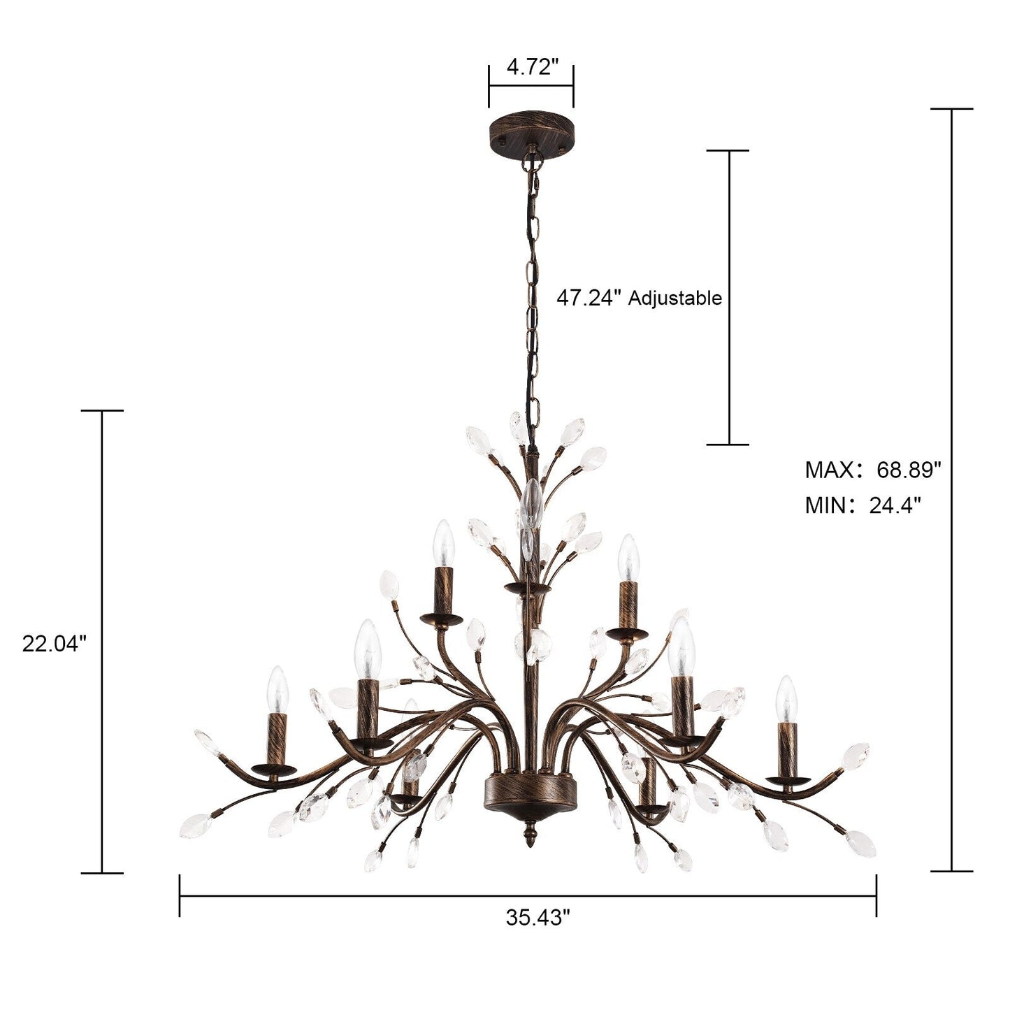 Suspension lumineuse en forme de bougie, style branche d'arbre rétro, avec cristaux, pour maison de campagne