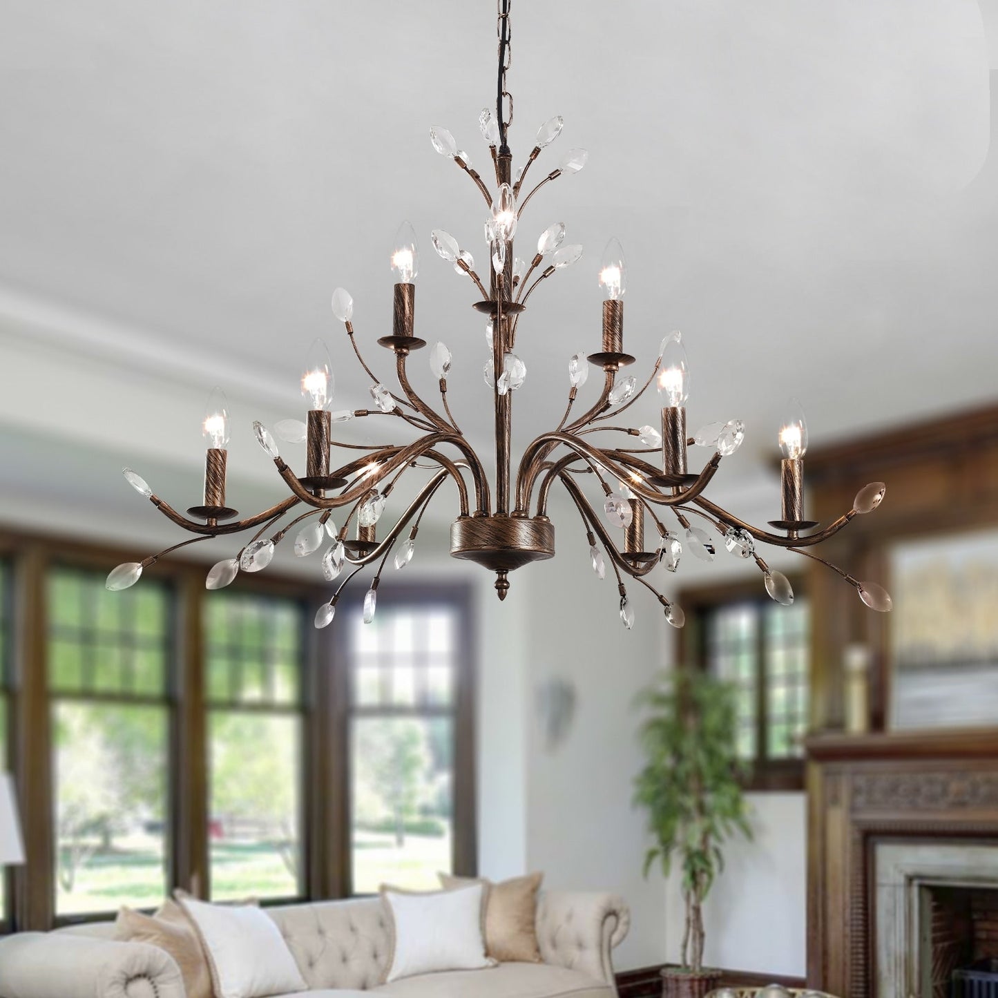 Suspension lumineuse en forme de bougie, style branche d'arbre rétro, avec cristaux, pour maison de campagne
