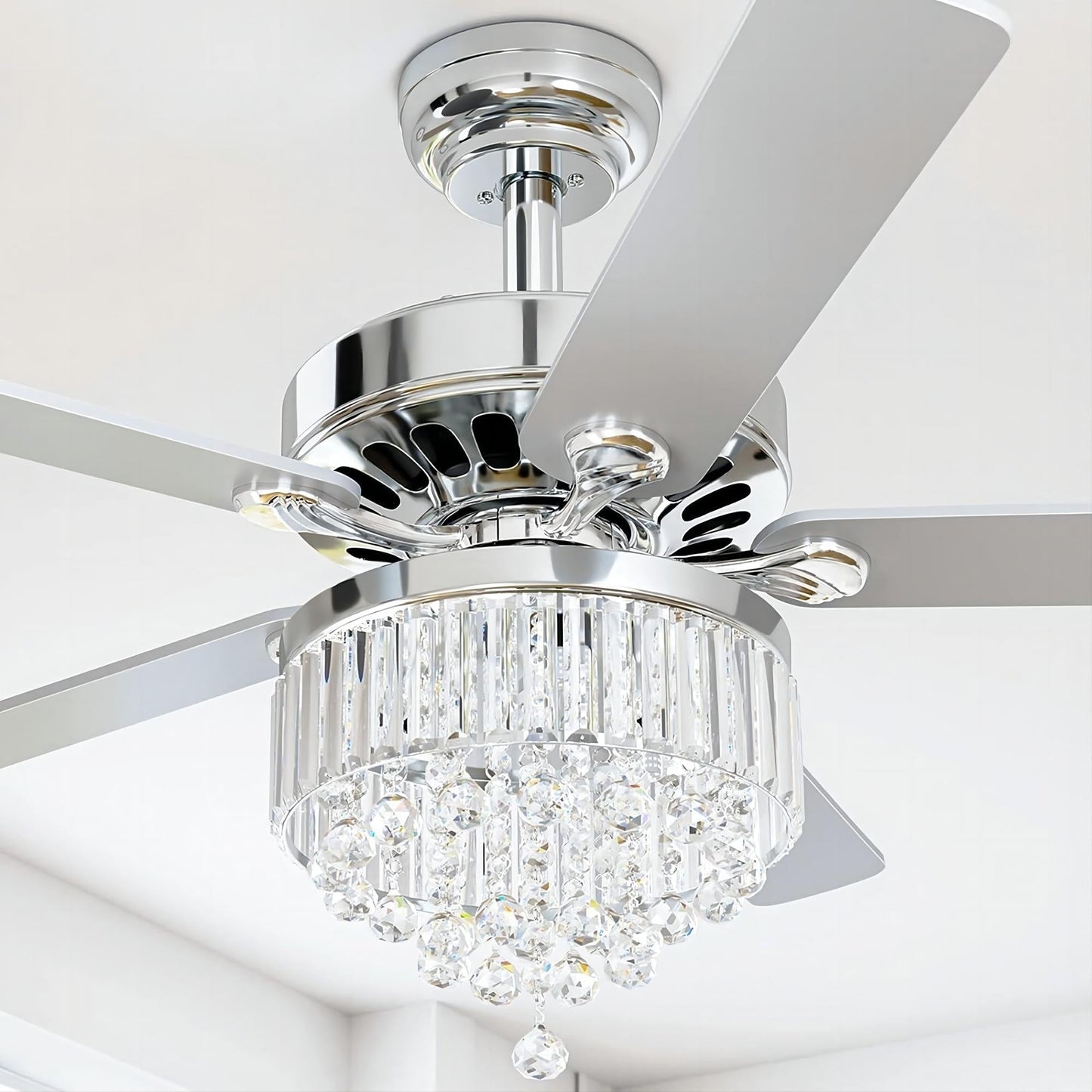 Ventilateur de plafond avec lustre en cristal à 5 pales en bois de 52 pouces avec télécommande