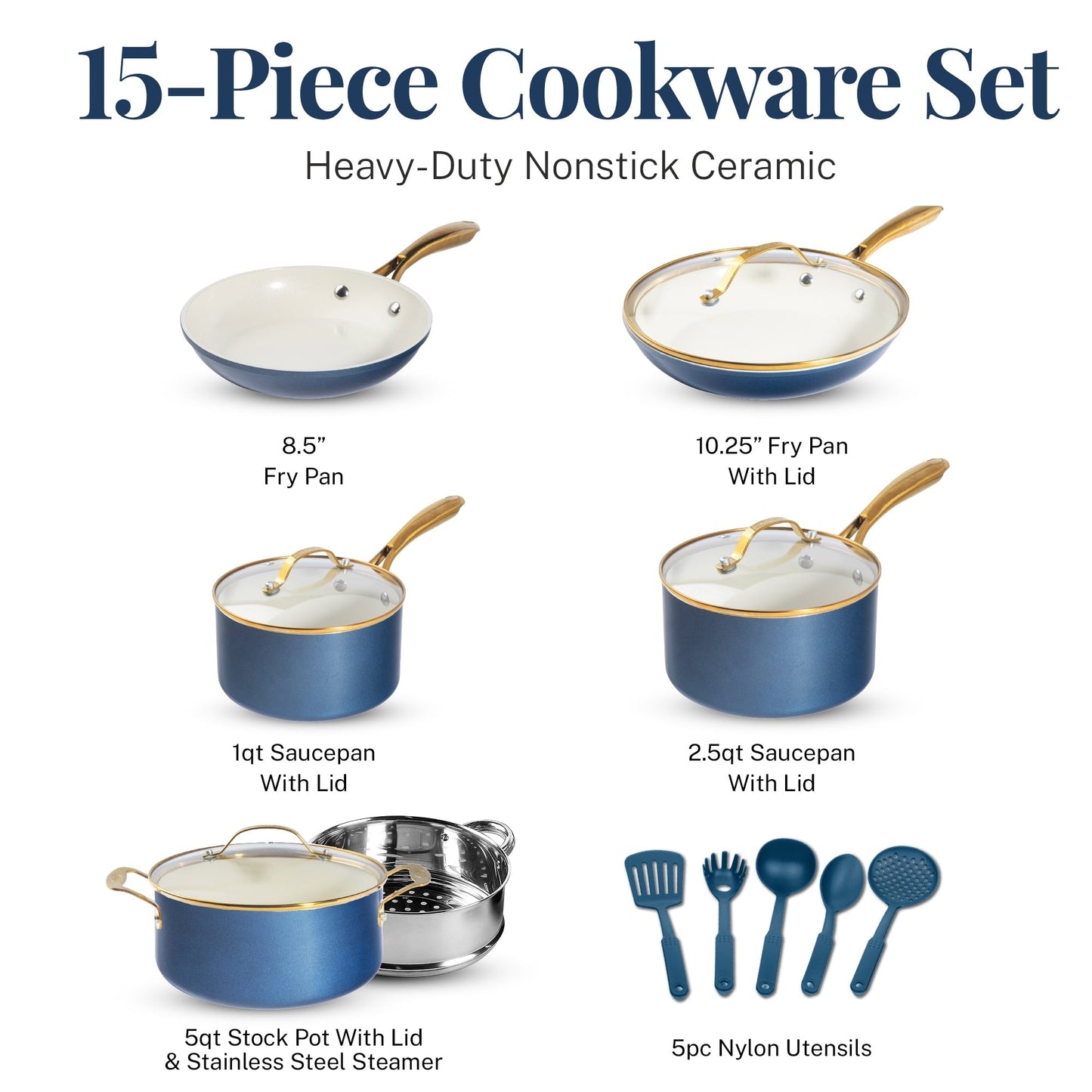 Gotham Steel Natural Collection, ensemble de 15 pièces comprenant casseroles et poêles, revêtement céramique antiadhésif haute performance, couleur marine.