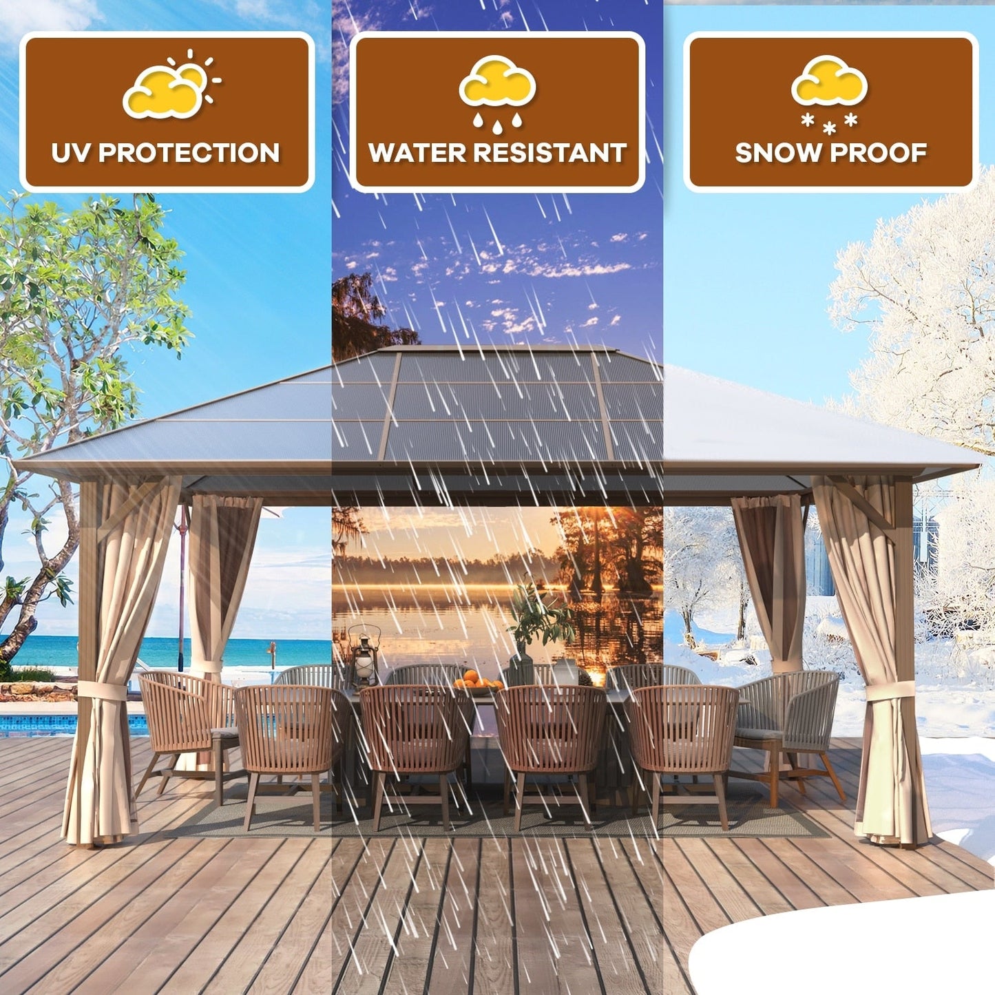 EROMMY Gazebo à toit rigide, Pergola d'extérieur avec double toit, moustiquaire et rideaux, auvent robuste pour patio, jardin, fête à la piscine