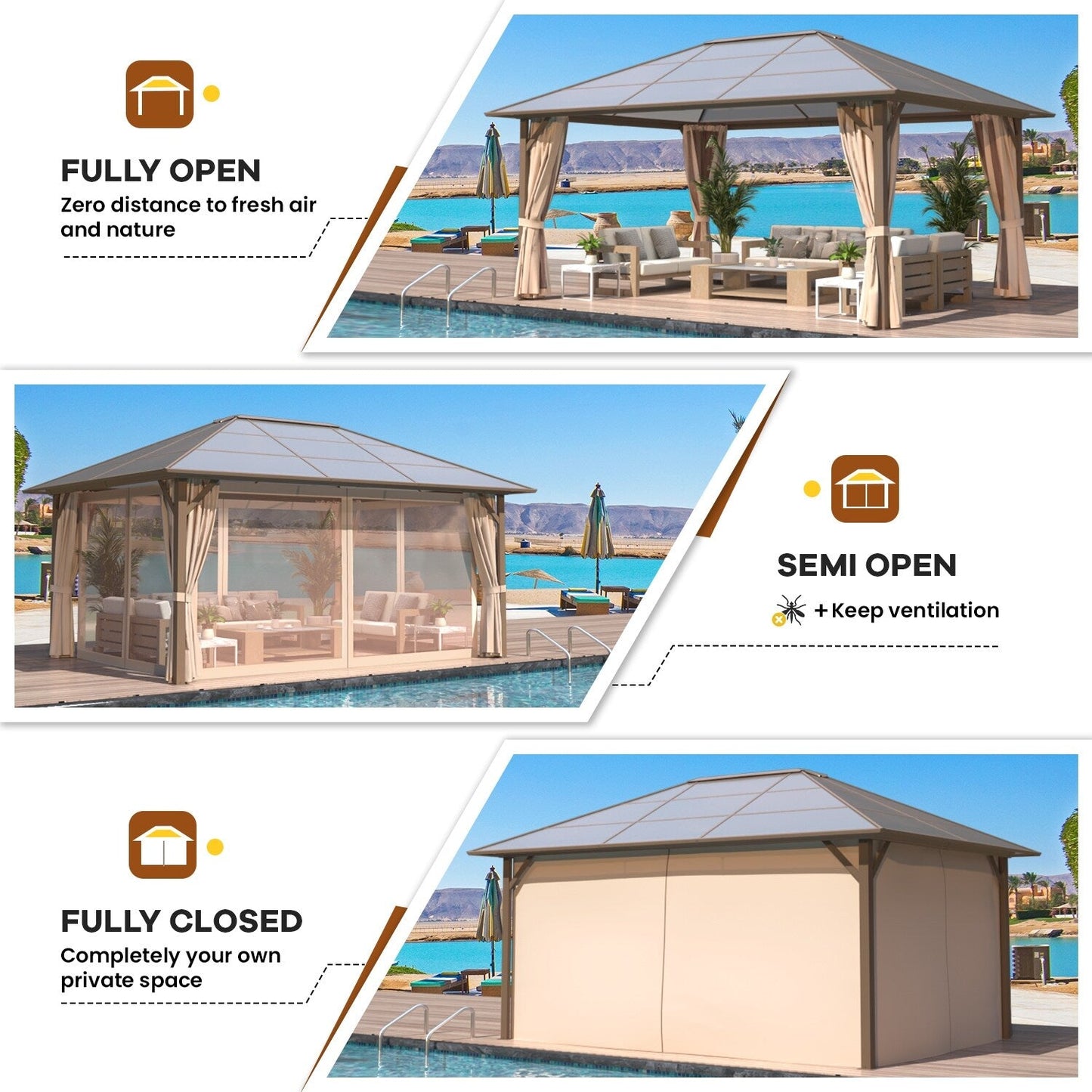 EROMMY Gazebo à toit rigide, Pergola d'extérieur avec double toit, moustiquaire et rideaux, auvent robuste pour patio, jardin, fête à la piscine