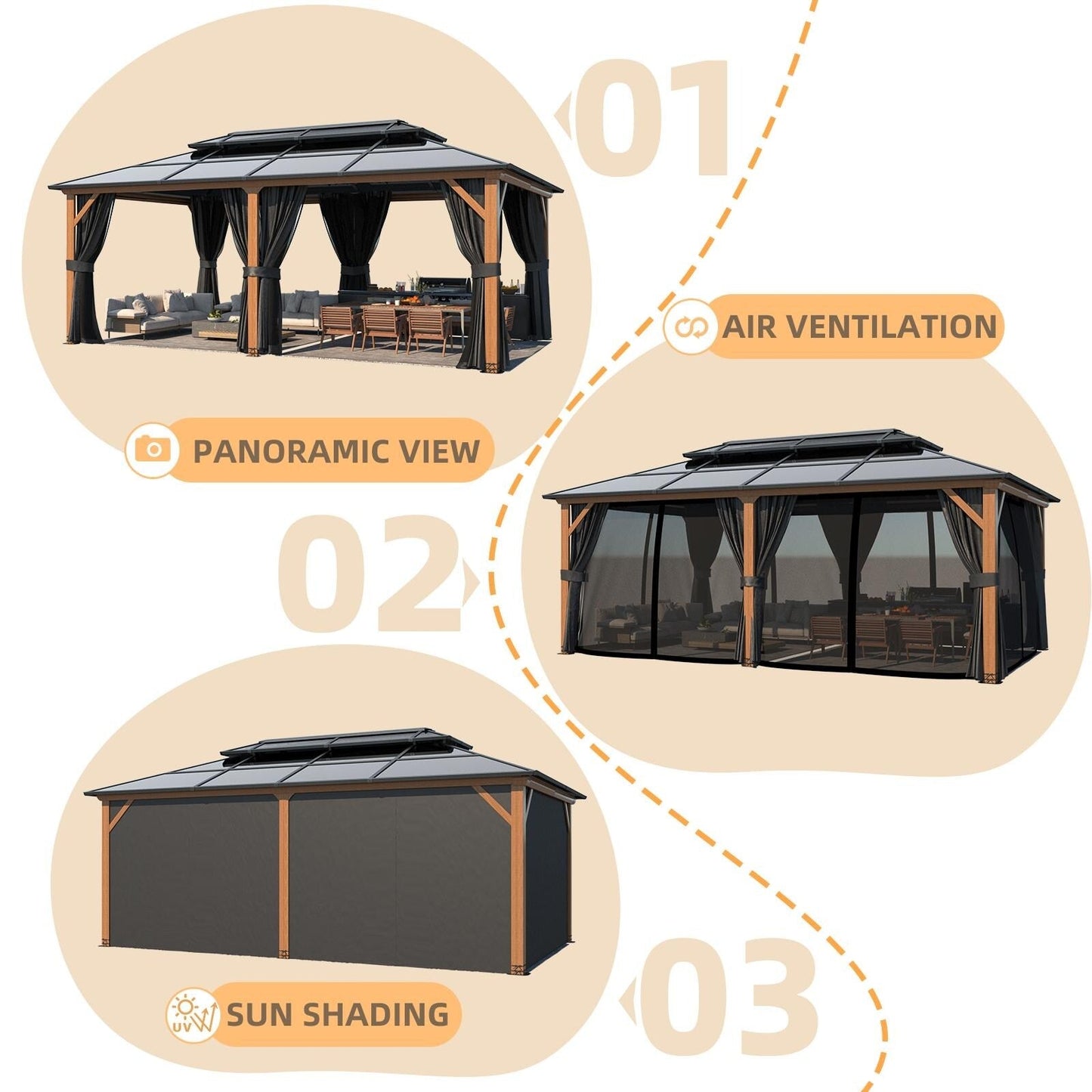 EROMMY Gazebo à toit rigide, Pergola d'extérieur avec double toit, moustiquaire et rideaux, auvent robuste pour patio, jardin, fête à la piscine