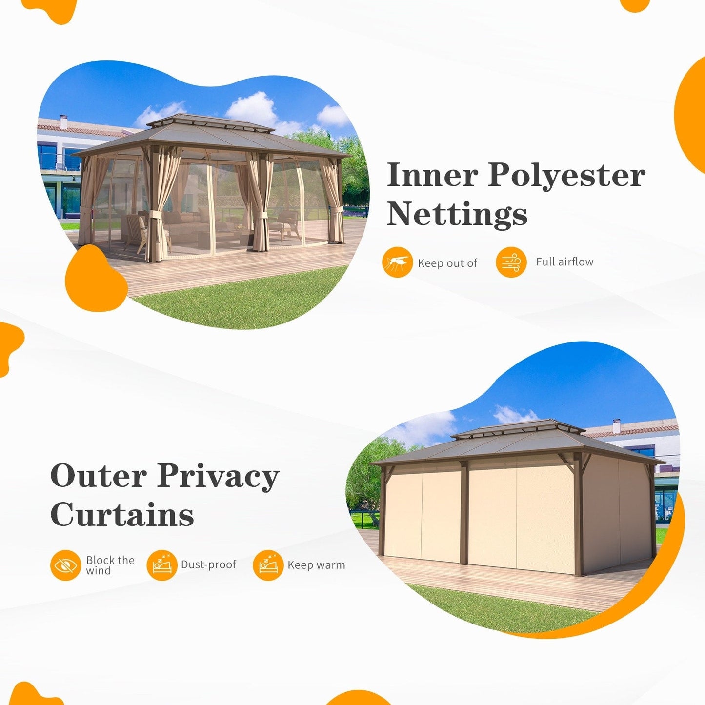 EROMMY Gazebo à toit rigide, Pergola d'extérieur avec double toit, moustiquaire et rideaux, auvent robuste pour patio, jardin, fête à la piscine