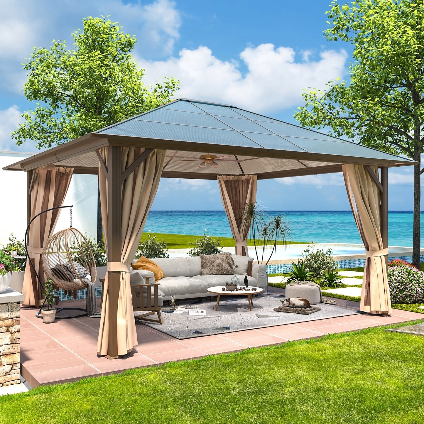 EROMMY Gazebo à toit rigide, Pergola d'extérieur avec double toit, moustiquaire et rideaux, auvent robuste pour patio, jardin, fête à la piscine
