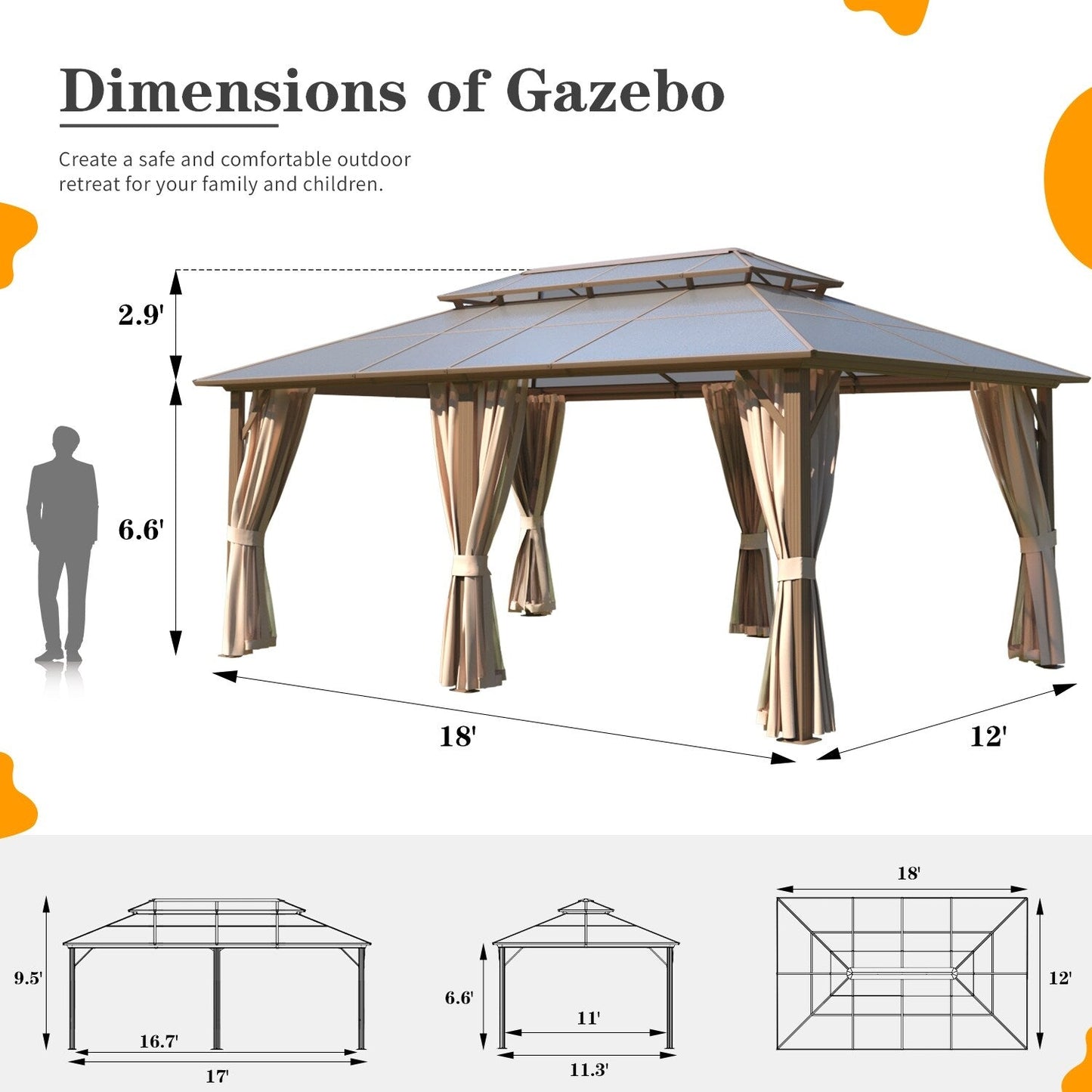EROMMY Gazebo à toit rigide, Pergola d'extérieur avec double toit, moustiquaire et rideaux, auvent robuste pour patio, jardin, fête à la piscine