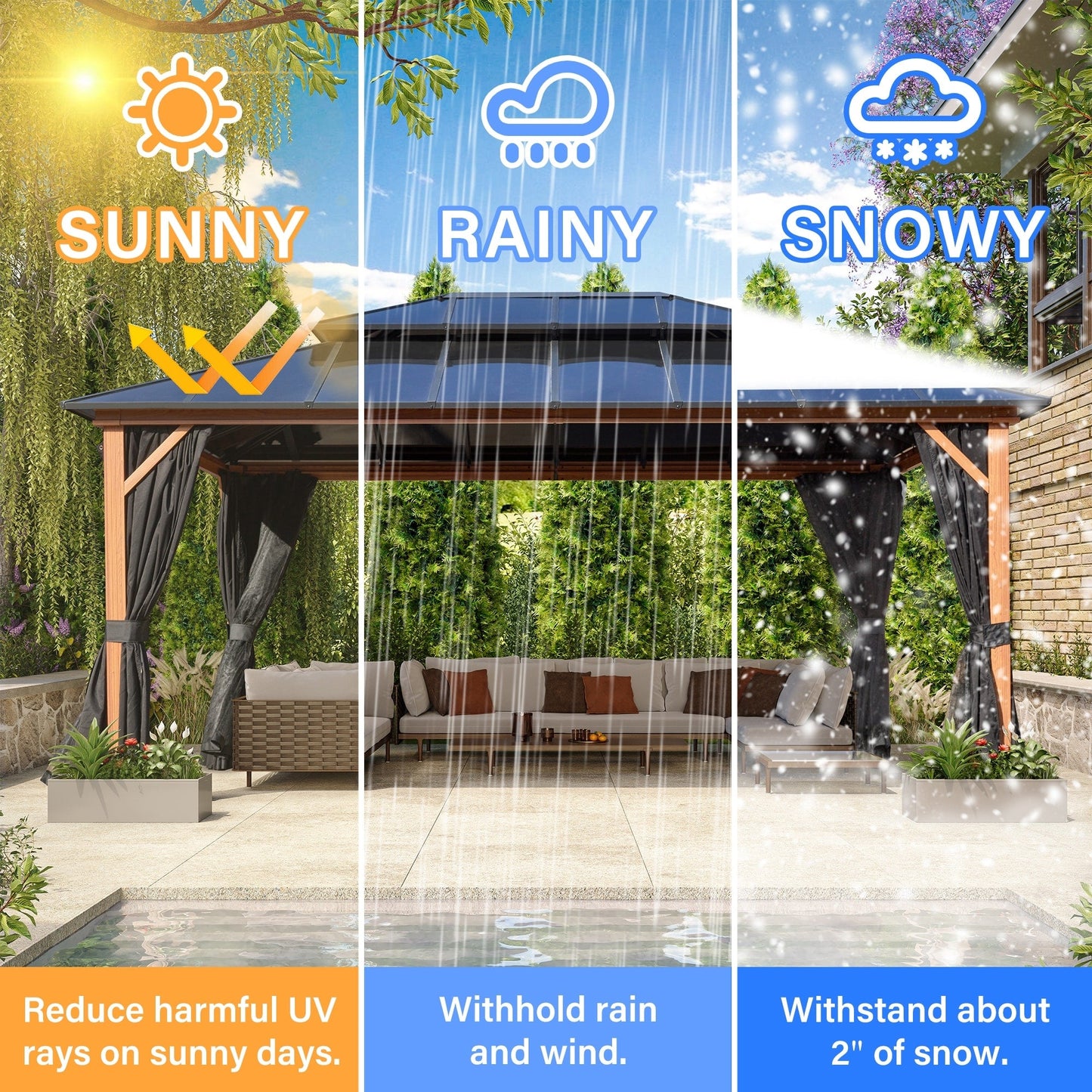 EROMMY Gazebo à toit rigide, Pergola d'extérieur avec double toit, moustiquaire et rideaux, auvent robuste pour patio, jardin, fête à la piscine