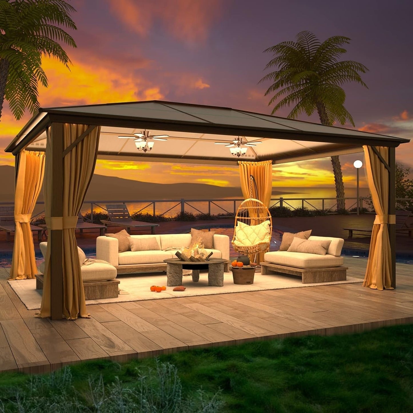 EROMMY Gazebo à toit rigide, Pergola d'extérieur avec double toit, moustiquaire et rideaux, auvent robuste pour patio, jardin, fête à la piscine