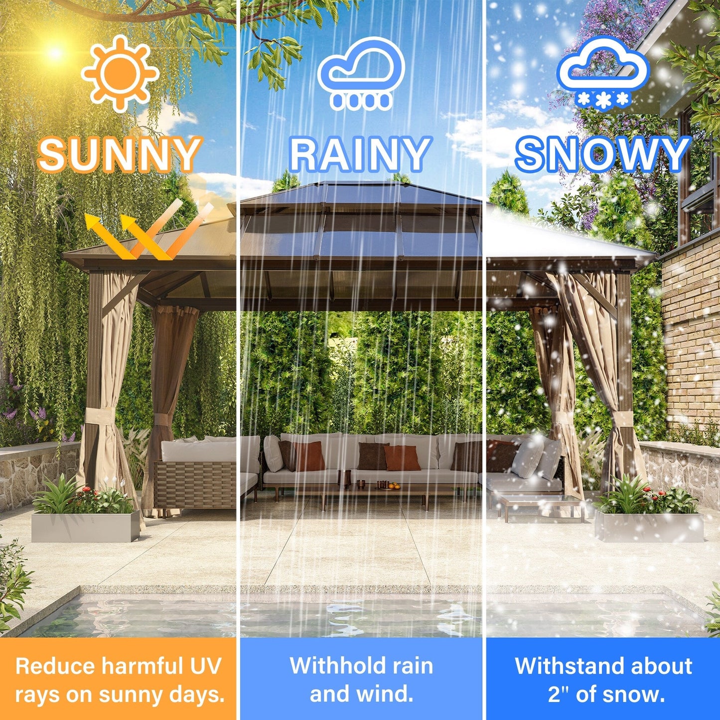 EROMMY Gazebo à toit rigide, Pergola d'extérieur avec double toit, moustiquaire et rideaux, auvent robuste pour patio, jardin, fête à la piscine
