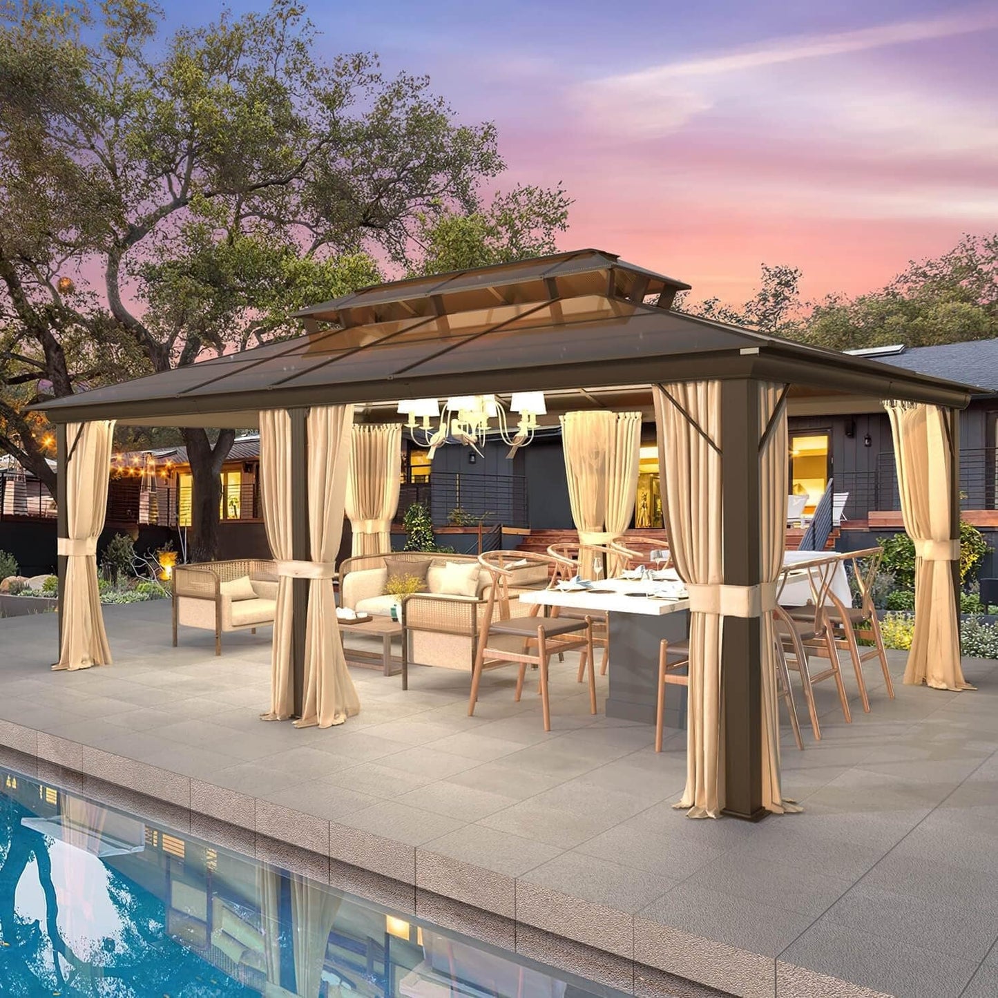 EROMMY Gazebo à toit rigide, Pergola d'extérieur avec double toit, moustiquaire et rideaux, auvent robuste pour patio, jardin, fête à la piscine