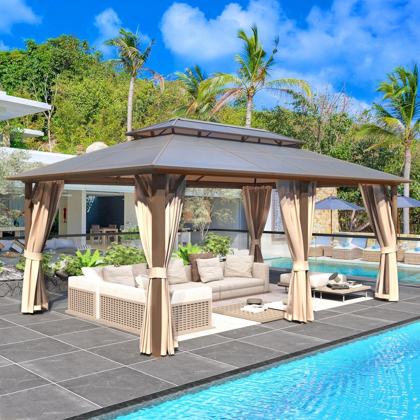 EROMMY Gazebo à toit rigide, Pergola d'extérieur avec double toit, moustiquaire et rideaux, auvent robuste pour patio, jardin, fête à la piscine