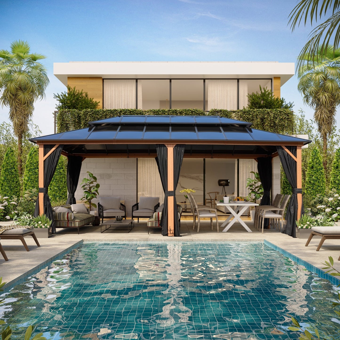 EROMMY Gazebo à toit rigide, Pergola d'extérieur avec double toit, moustiquaire et rideaux, auvent robuste pour patio, jardin, fête à la piscine
