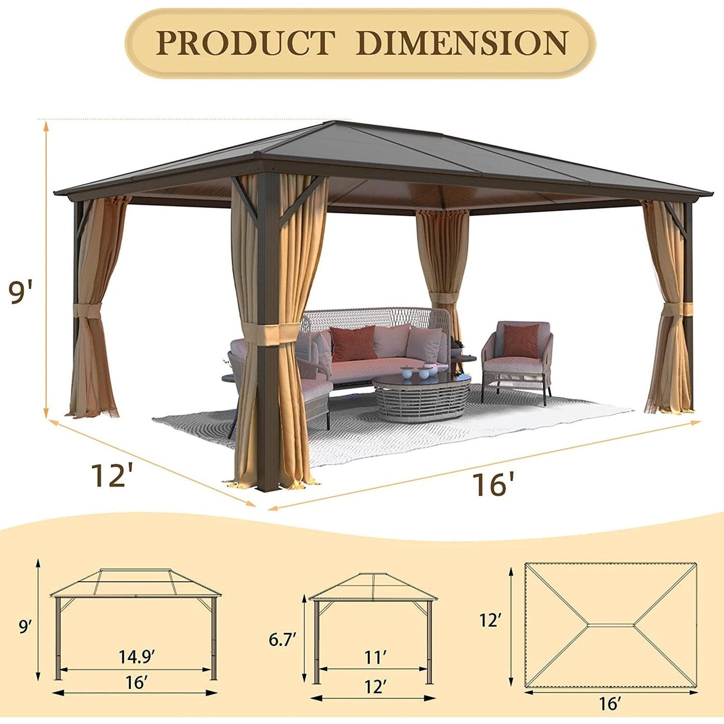 EROMMY Gazebo à toit rigide, Pergola d'extérieur avec double toit, moustiquaire et rideaux, auvent robuste pour patio, jardin, fête à la piscine