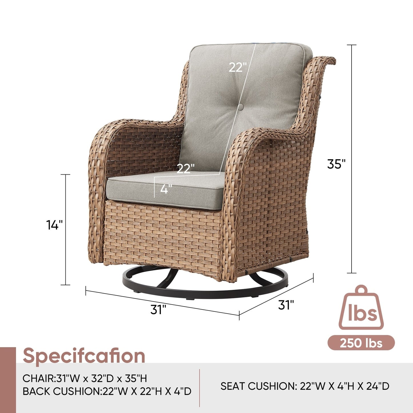 Gymojoy Chaise longue d'extérieur en osier avec base pivotante (lot de 2)