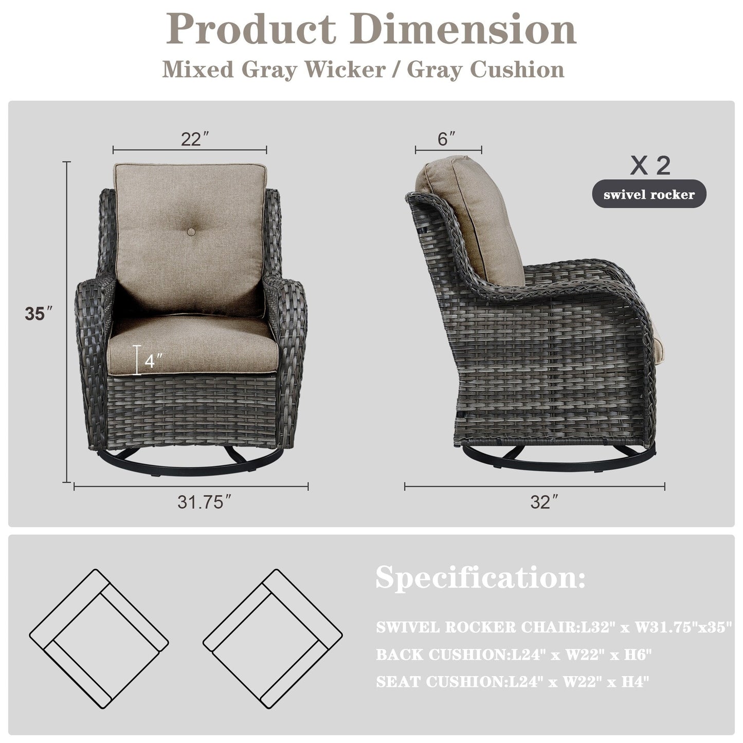 Gymojoy Chaise longue d'extérieur en osier avec base pivotante (lot de 2)