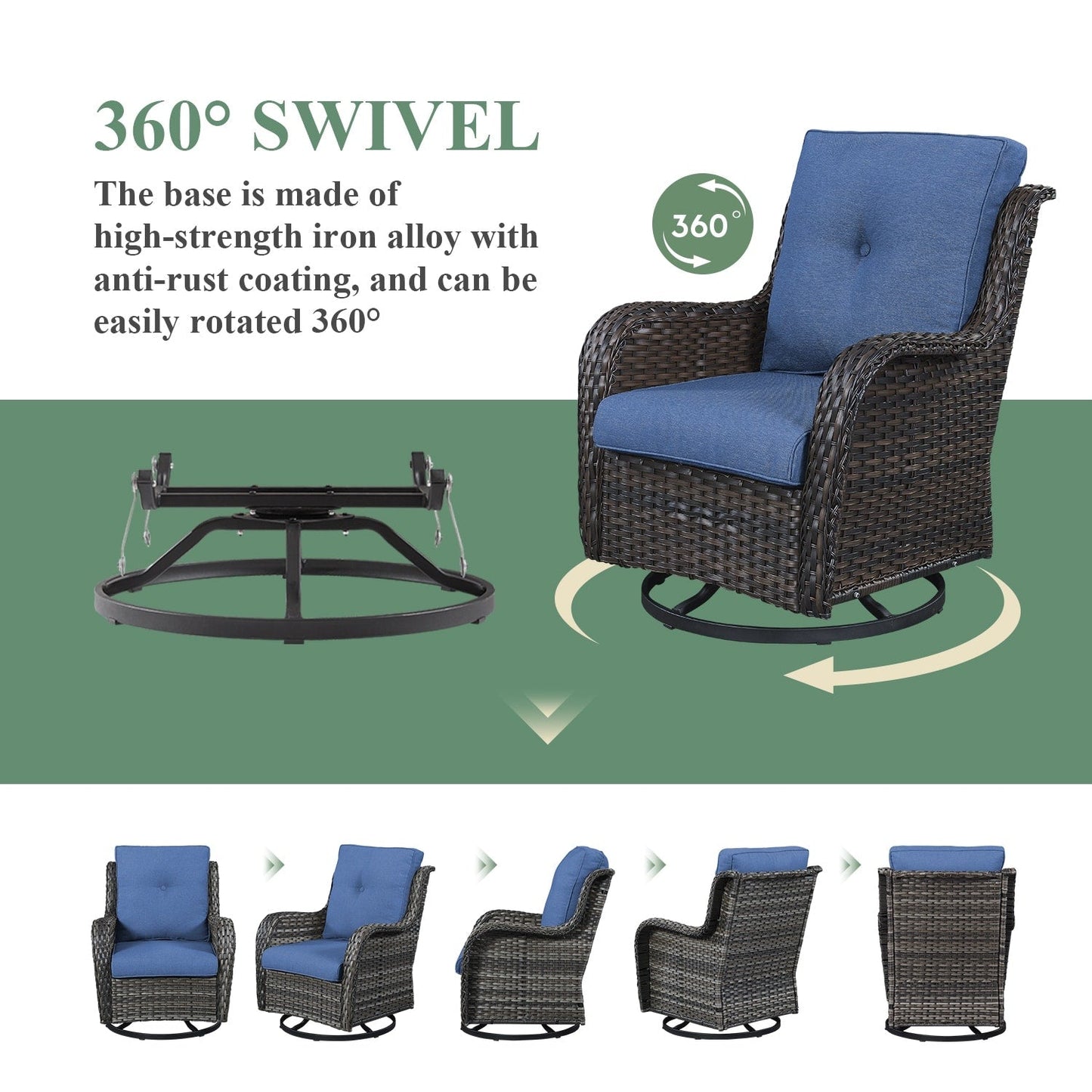 Gymojoy Chaise longue d'extérieur en osier avec base pivotante (lot de 2)