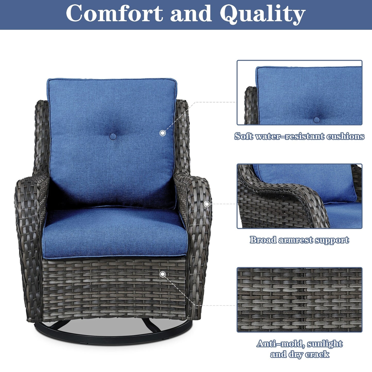 Gymojoy Chaise longue d'extérieur en osier avec base pivotante (lot de 2)