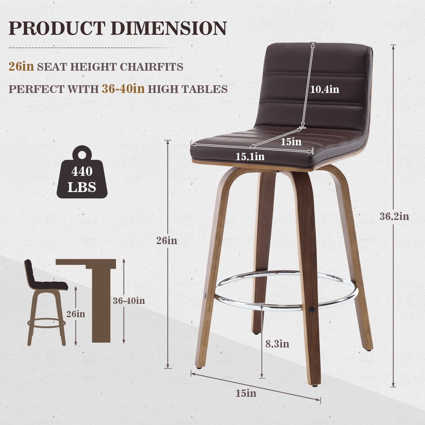 Tabourets de bar/comptoir pivotants en simili cuir 26/29, lot de 2/3