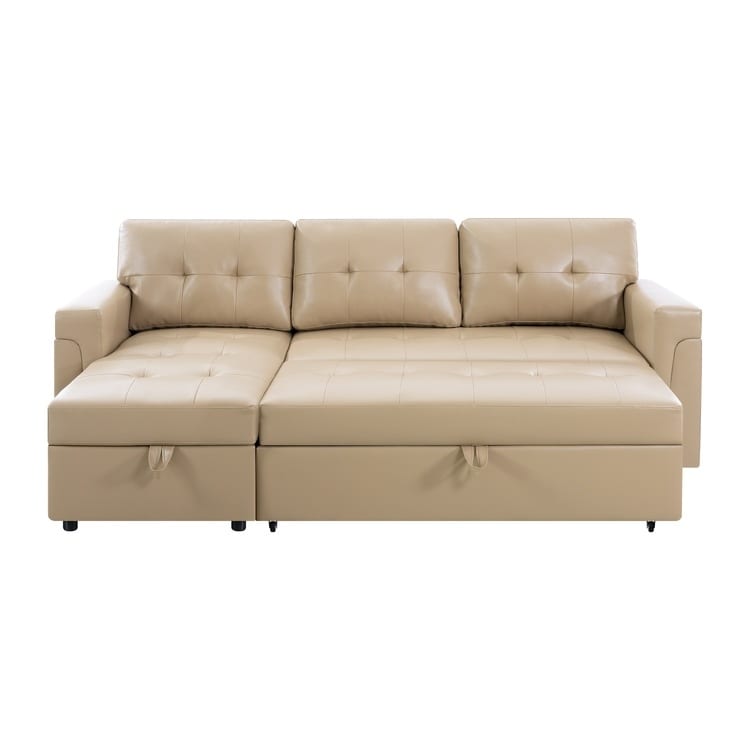 Canapé d'angle convertible et réversible avec lit escamotable, chaise longue avec rangement intégré et pieds robustes.