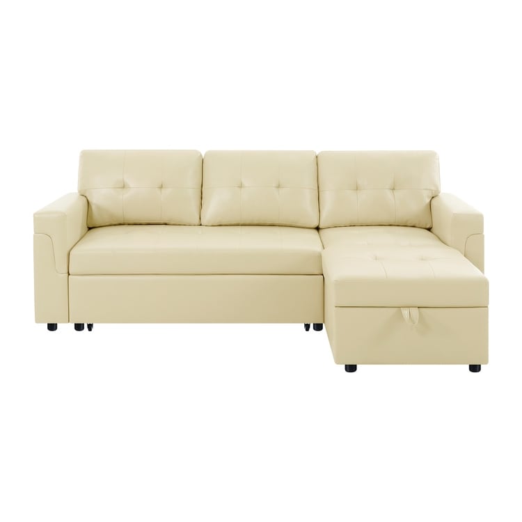 Canapé d'angle convertible et réversible avec lit escamotable, chaise longue avec rangement intégré et pieds robustes.