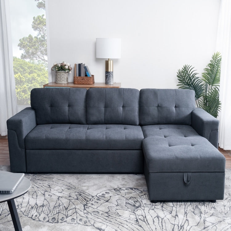 Canapé d'angle convertible et réversible avec lit escamotable, chaise longue avec rangement intégré et pieds robustes.