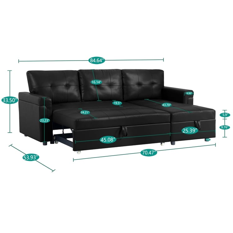 Canapé d'angle convertible et réversible avec lit escamotable, chaise longue avec rangement intégré et pieds robustes.