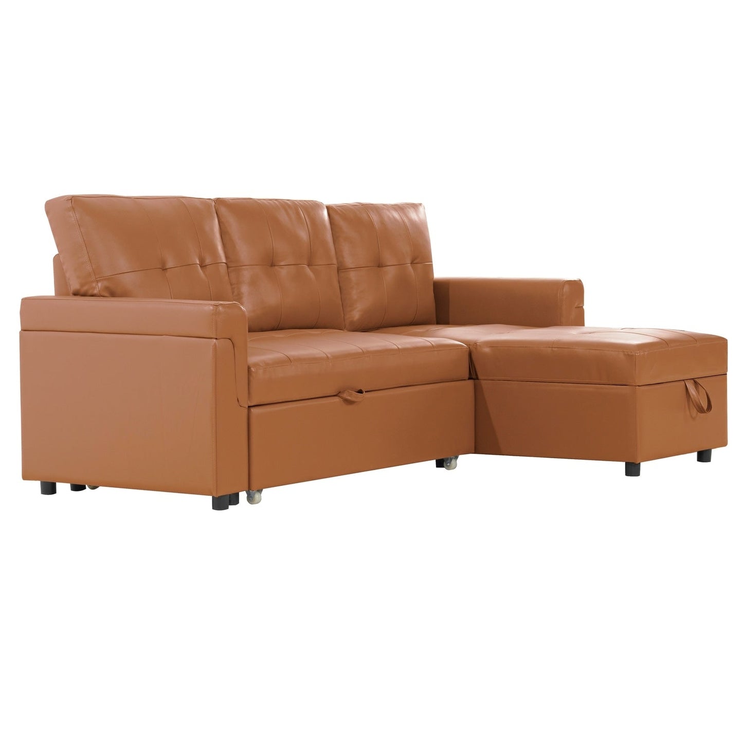 Canapé d'angle convertible et réversible avec lit escamotable, chaise longue avec rangement intégré et pieds robustes.
