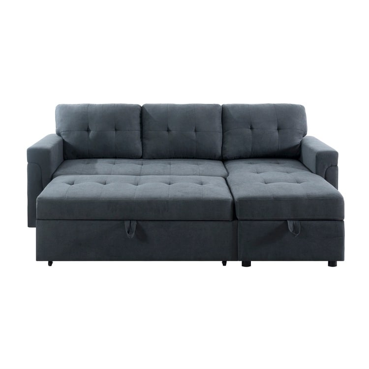 Canapé d'angle convertible et réversible avec lit escamotable, chaise longue avec rangement intégré et pieds robustes.