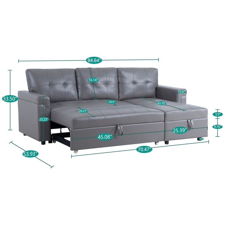 Canapé d'angle convertible et réversible avec lit escamotable, chaise longue avec rangement intégré et pieds robustes.