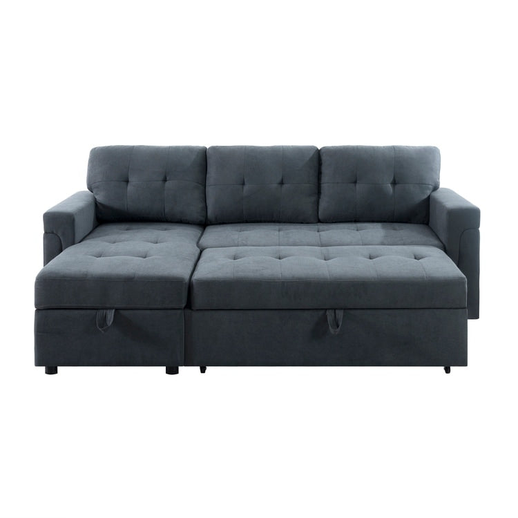 Canapé d'angle convertible et réversible avec lit escamotable, chaise longue avec rangement intégré et pieds robustes.