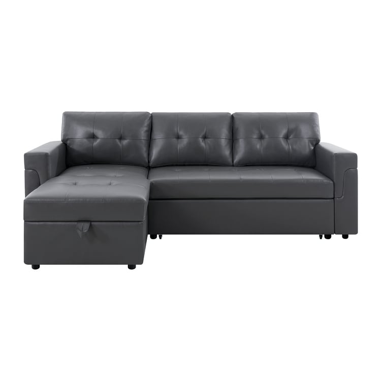 Canapé d'angle convertible et réversible avec lit escamotable, chaise longue avec rangement intégré et pieds robustes.