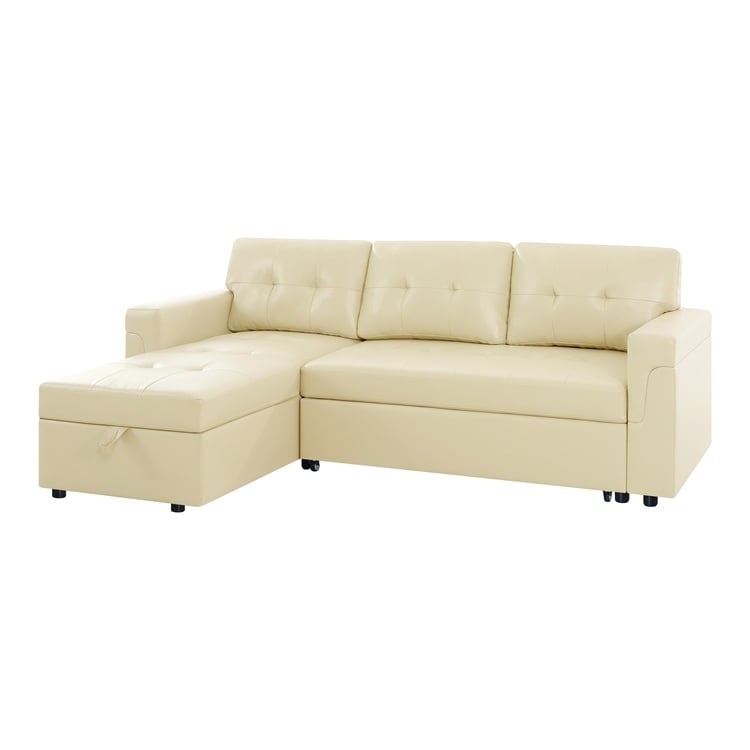 Canapé d'angle convertible et réversible avec lit escamotable, chaise longue avec rangement intégré et pieds robustes.