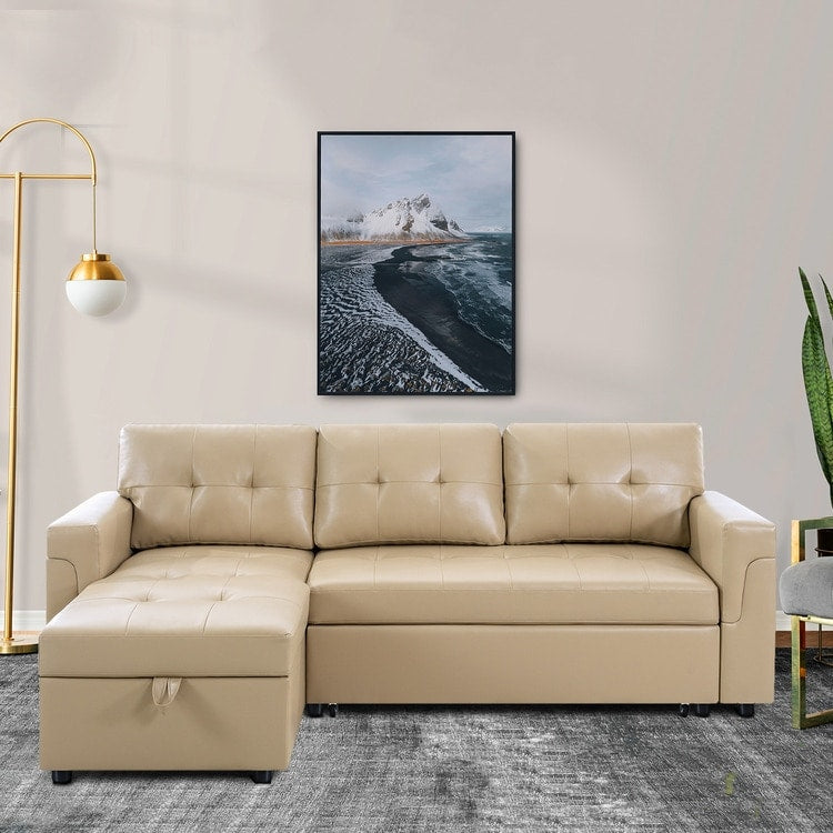 Canapé d'angle convertible et réversible avec lit escamotable, chaise longue avec rangement intégré et pieds robustes.